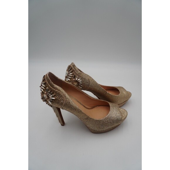 Gianni Bini Gold Rhinestone Embellished Peep Toe Stiletto Heel Platform Size 8M - Picture 3 of 14